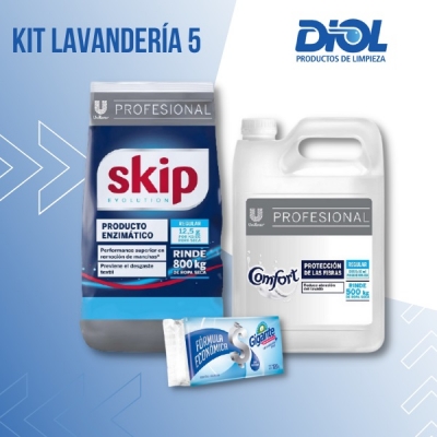 Kit Lavanderia 5: Skip Polvo Baja Espuma X 10 Kg + Comfort Suazisante 5 Litros  Gratis Jabon Blanco Gigante 120gs